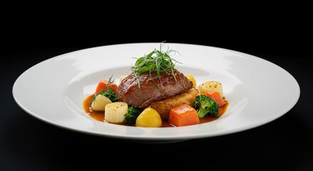 Plated gourmet meal with meat and colorful vegetables