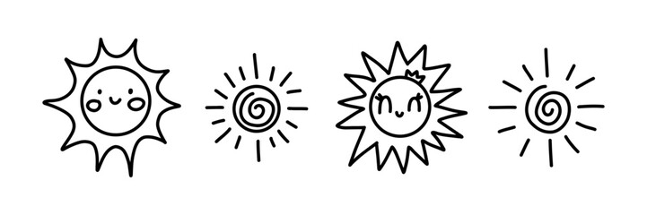 Cute doodle sun icon set. Hand drawn smiling and simple sun designs in black outline. Fun summer clipart for kids, stickers, planners, weather forecast symbols, and digital projects.