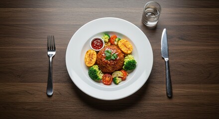 Gourmet Meatloaf Dinner: Overhead Shot of Savory Dish with Roasted Vegetables, Garnish, and Dipping Sauce on Rustic Wood Tabletop.