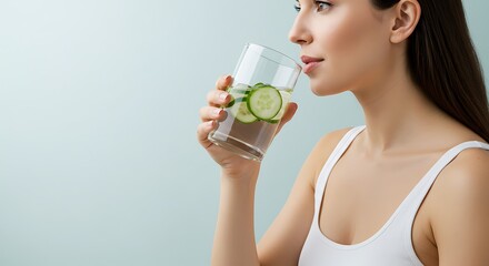 Woman Drinking Cucumber Water: A young woman enjoys a refreshing glass of cucumber water, showcasing a healthy and hydrating lifestyle choice. The image evokes feelings of wellness and serenity. 