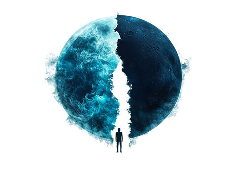 A surreal depiction of a man standing before a split moon, with one half shimmering in ocean-like blues and the other in dark shadows.