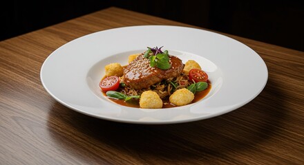 Gourmet Pan-Seared Sesame Crusted Steak with Fried Polenta, Cherry Tomatoes, and a Rich Brown Sauce; Elegant Restaurant Dish; Fine Dining Food Photography.