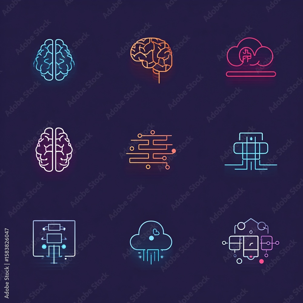 Poster neon artificial intelligence icons representing advanced technology and neuroscience concepts