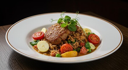 Gourmet Pan-Seared Steak with Sesame Seeds, Served on a Bed of Asian-Style Noodles and Fresh Vegetables; Elegant Restaurant Dish; High-Resolution Stock Photo.