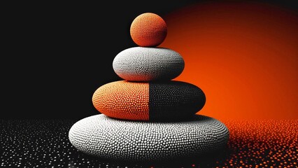 Abstract stack of orange, black and grey stones 