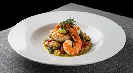 Gourmet Pan-Seared Scallops with Saffron Risotto, Jumbo Shrimp, and Mussels; Elegant Fine Dining Dish; Luxurious Seafood Presentation