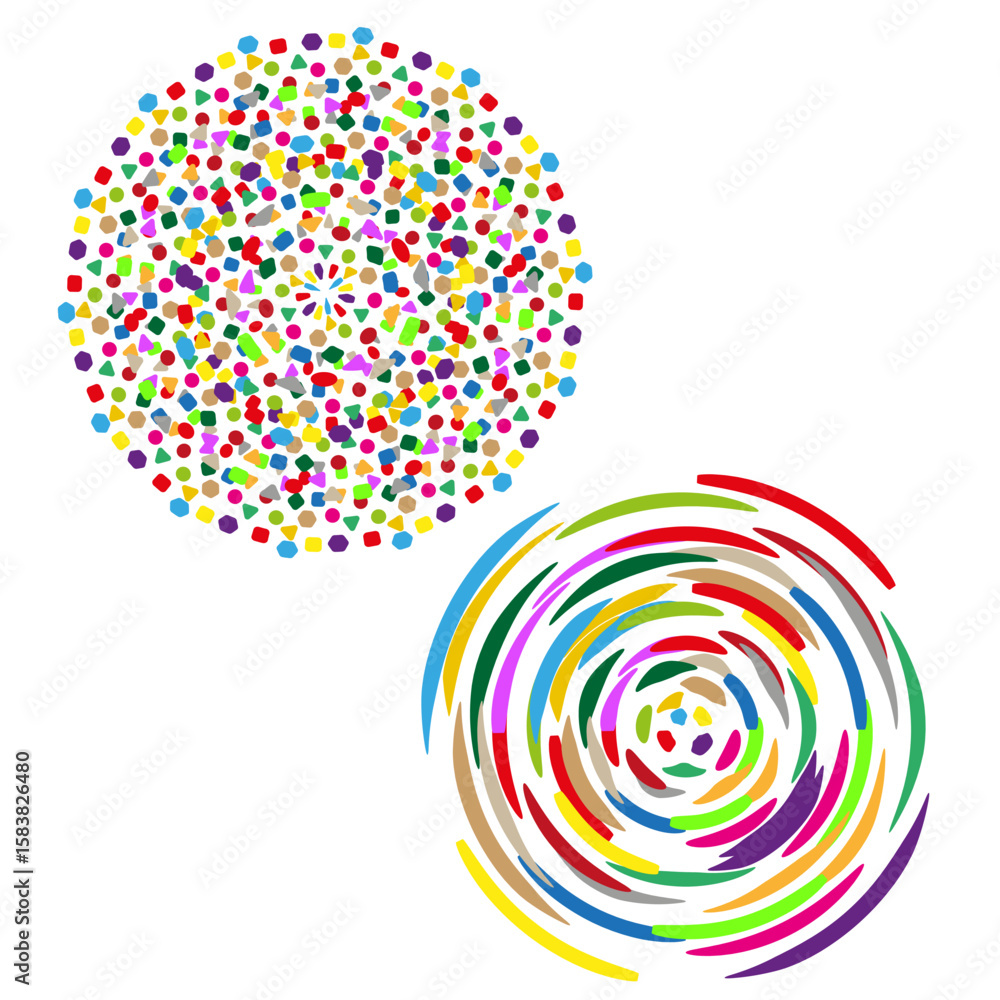 Poster colorful dot circle. abstract splatter pattern. multicolored spiral swirl. vector festive element.