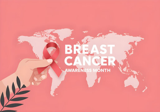 Hand holding pink ribbon over world map for breast cancer awareness