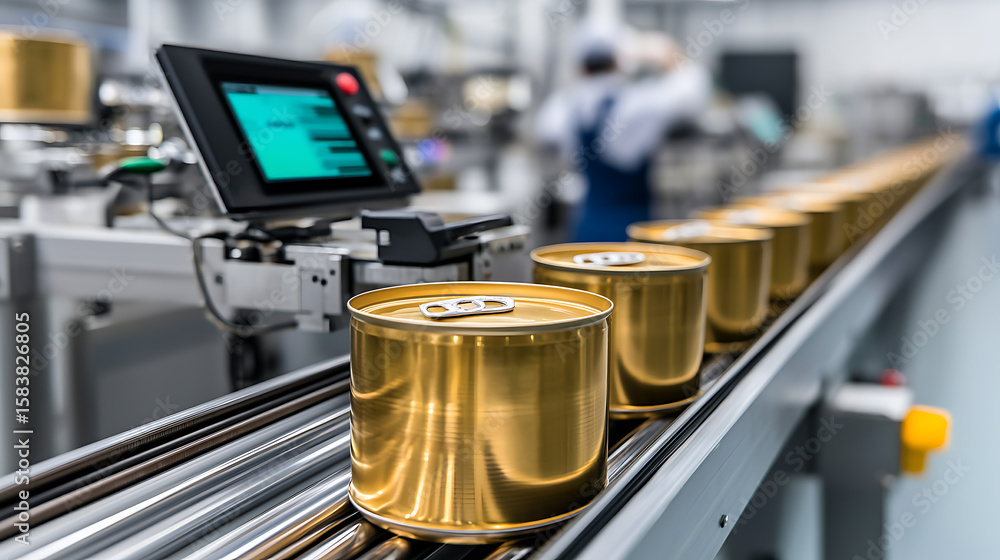 Poster automated food processing line with golden cans on a conveyor belt, monitored by digital control pan