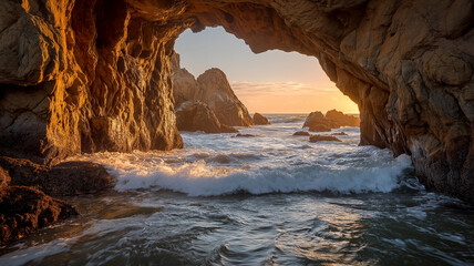 Low Sunset Illuminates Surging Waves Through Natural Stone Gateway