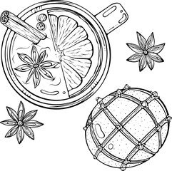 Top view mulled wine with floating spices, whole clove decorated orange, citrus slices. Festive holiday drink scene. Orange Pomander. Vector illustration in hand drawn sketch style isolated on white