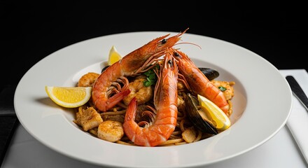 Delicious Seafood Pasta: Close-up of succulent shrimp, mussels, and lemon wedges atop a bed of creamy pasta, styled for a restaurant menu or food blog.