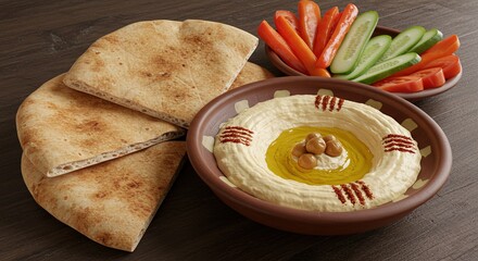 Delicious Hummus with Pita Bread and Fresh Vegetables: A Vibrant Middle Eastern Food Photography Stock Image, Featuring Warm Lighting and a Rustic Wooden Table Setting.