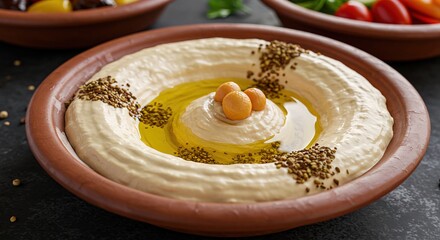 Authentic Creamy Hummus in Rustic Bowl:  Close-up of Middle Eastern Cuisine, Garnish of Olive Oil, Za'atar, and Chickpeas,  Warm Lighting,  Appetizing Food Photography.