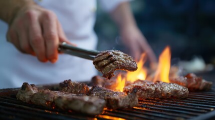 Outdoor BBQ chef grilling meat over open flame