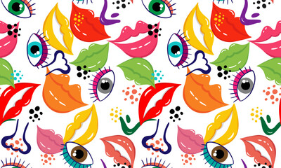 playful geometric pattern with cartoon eyes lips noses on white seamless background vibrant abstract facial features design art