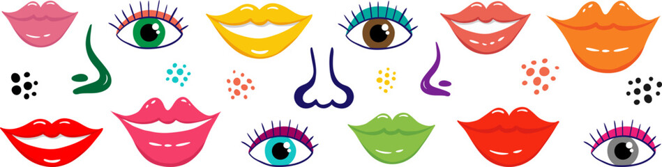 Obraz premium colorful flat vector facial features set isolated eyes lips noses smiles modern graphic elements for web design and decoration
