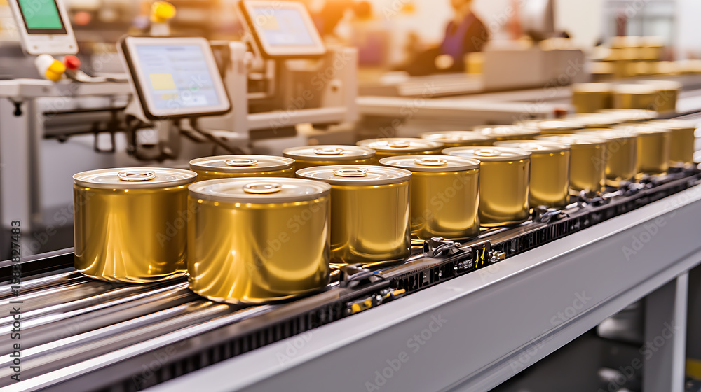 Poster automated canning line: rows of cans move along a conveyor belt, illuminated by warm lighting, in a 
