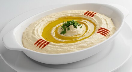 Creamy Hummus in White Bowl:  Close-up Studio Shot of Delicious Middle Eastern Cuisine, Garnished with Parsley, Olive Oil, and Paprika.