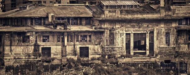 Abandoned and derelict former railway station buildings, Garbatella, Rome