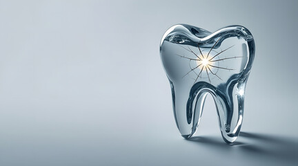 Cracked glass tooth with glowing inner core symbolizes dental damage and fragility in clean minimalistic setting