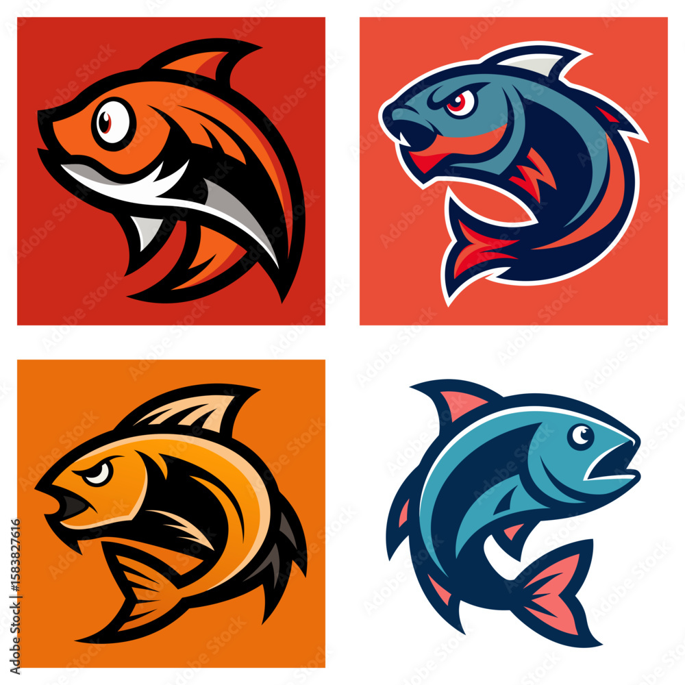 Poster four stylized fish icons in different colors and backgrounds arranged in a square format design