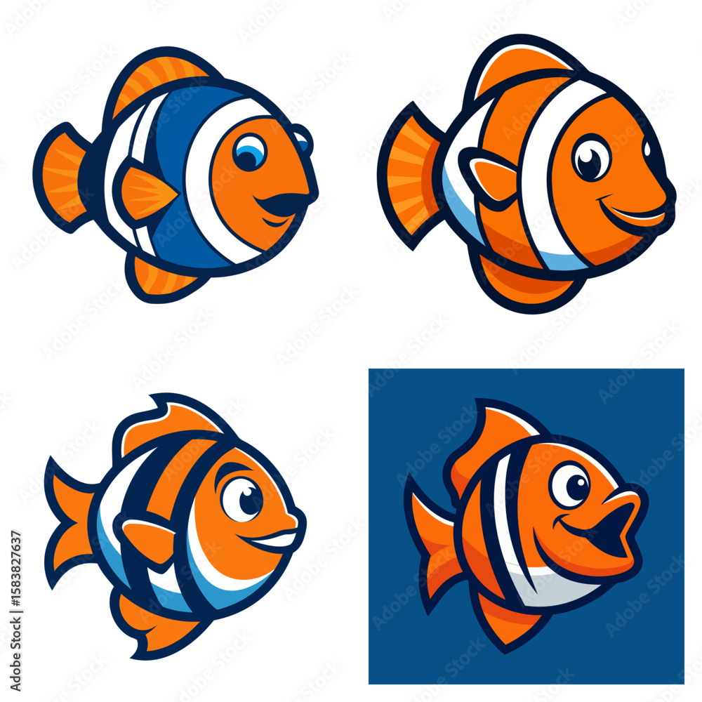 Poster four cartoon clownfish illustrations with different color schemes and background variations displaye