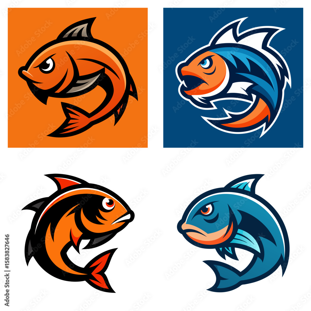 Poster four stylized fish illustrations with different color schemes and angry expressions displayed in a g