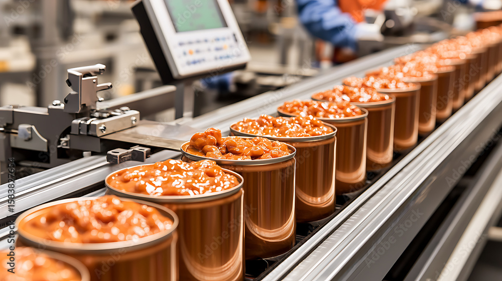 Poster automated food processing line with filled cans moving along a conveyor. focus on quality and effici