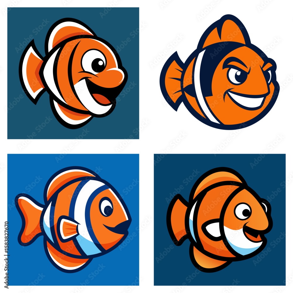 Poster four cartoon clownfish with different expressions and backgrounds in a square grid arrangement desig