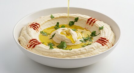 Creamy Hummus with Olive Oil Drizzle and Paprika Garnish:  A Fresh, Vibrant Middle Eastern Appetizer.