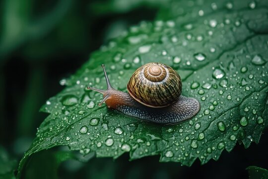 A close-up view of a snail on a dewy green leaf in a lush garden during early morning