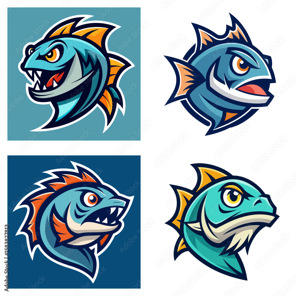 Poster illustration of four cartoon fish with angry expressions in a square format design layout image