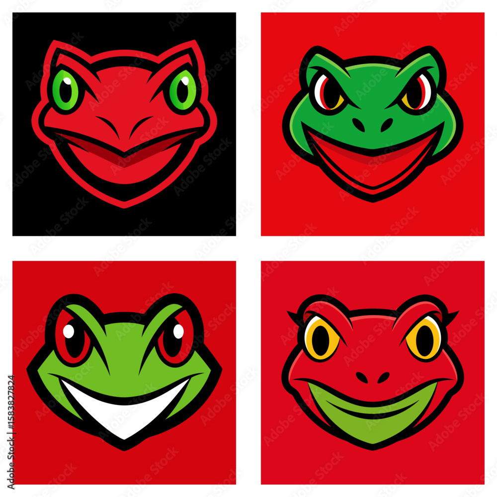 Aufkleber four square images of cartoon frog heads with different color schemes and facial expressions display