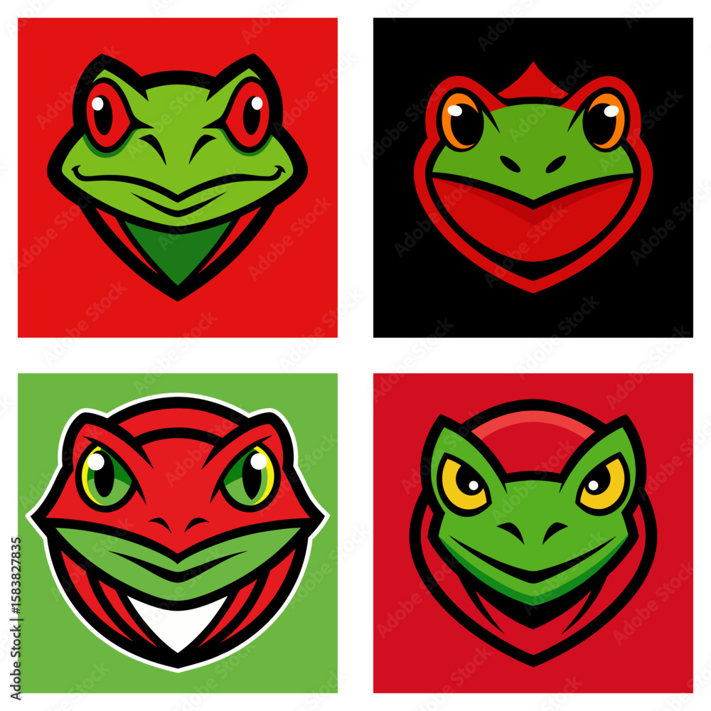Poster four square images showing stylized frog faces with different color schemes and backgrounds