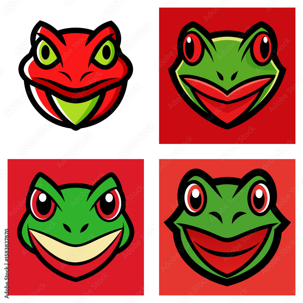 Poster four cartoon frog faces in red and green with different expressions and background colors displayed