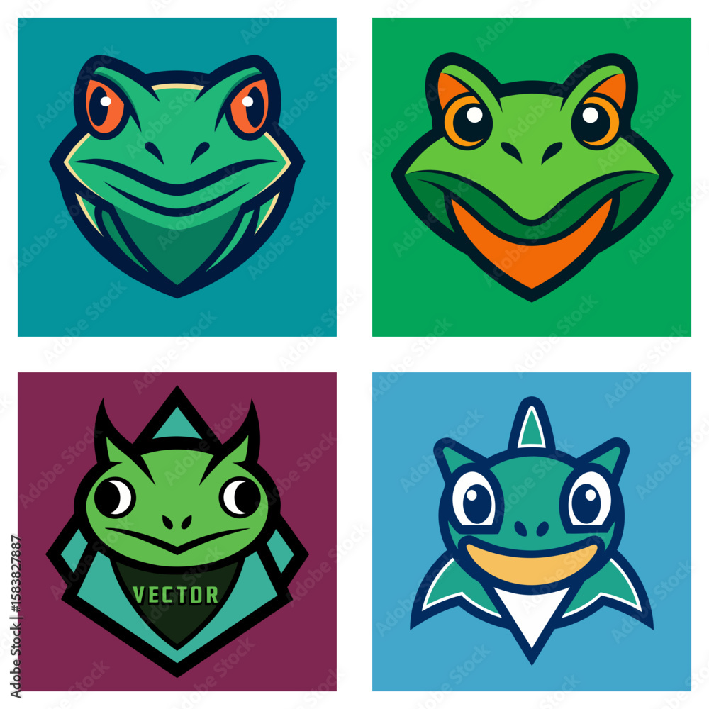 Poster collection of four stylized frog head logos with different designs and color schemes in a square for