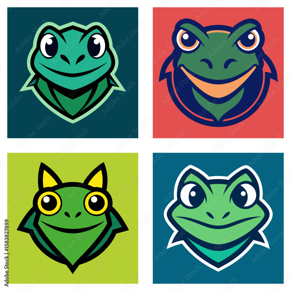 Poster four cartoon frog heads with different expressions and backgrounds in a square grid arrangement