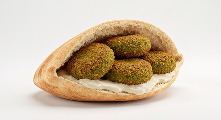 Delicious Falafel Pita Pocket: Freshly Baked Pita Bread Filled with Crispy Falafel Balls and Creamy Tahini Sauce; Vibrant, Appetising Food Photography.