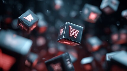 Futuristic abstract illustration of cubes with shopping cart symbols for e-commerce and online