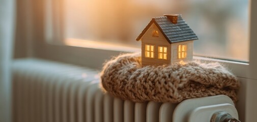 The cozy miniature house perched on a warm radiator in soft evening light
