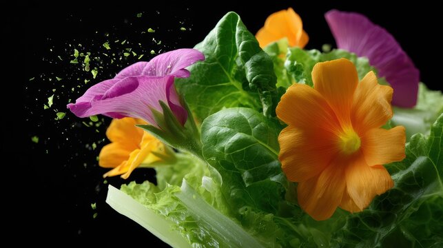 Conceptual image of a blooming flower transforming into a fresh salad, natural ingredients. Healthy, fresh. Vibrant.