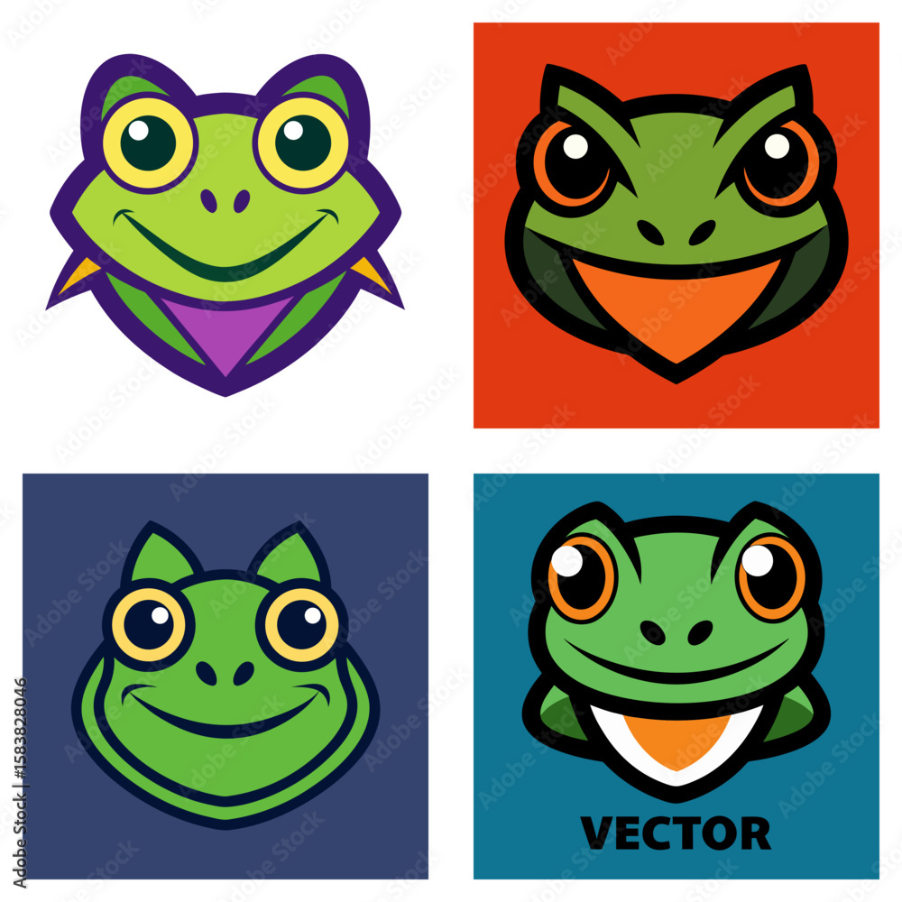 Poster collection of four cartoon frog faces with different expressions and background colors in a square l