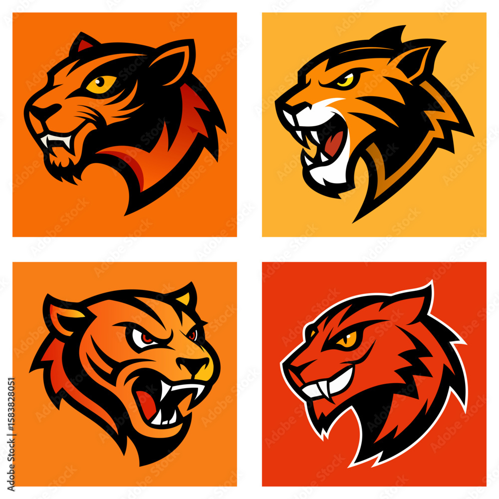 Poster collection of four stylized tiger head illustrations with varying expressions and color schemes disp