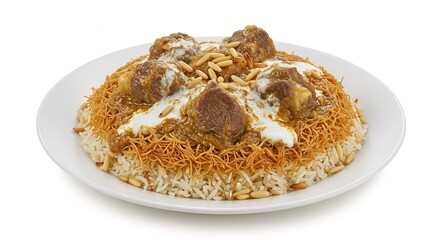 Mansaf dish with meat rice and yogurt on white plate