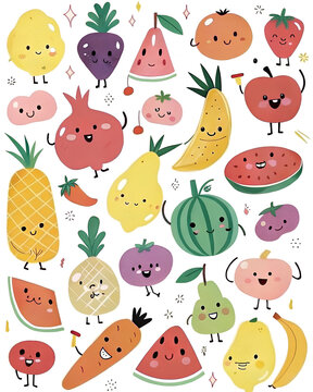 Naklejki Happy Fruits and Vegetables Pattern