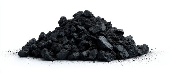 The pile of black coal on a white background showcasing its texture and form.