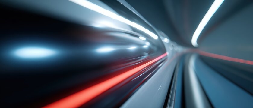 Person riding a hyperloop train through a futuristic tunnel, high-speed travel. Innovation, future. Dynamic, glowing.