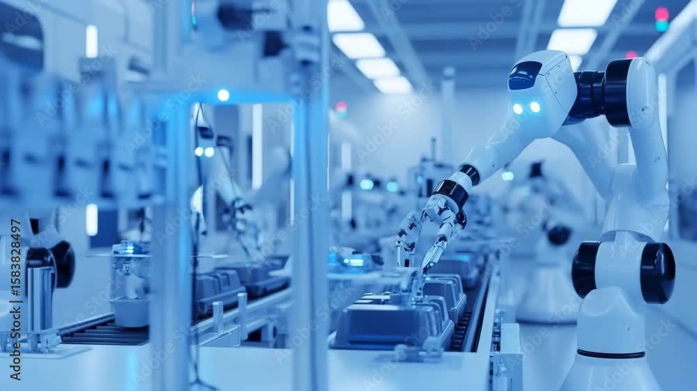Poster industrial robots performing repetitive assembly tasks in a clean futuristic production facility.