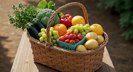 Fresh Harvest Basket: A vibrant collection of freshly picked fruits and vegetables overflows from a rustic basket, beautifully arranged against a backdrop of natural light.